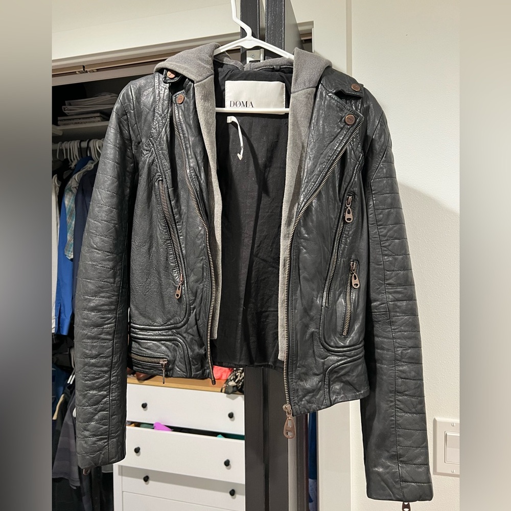Doma genuine leather jacket, black with grey hood, size small.